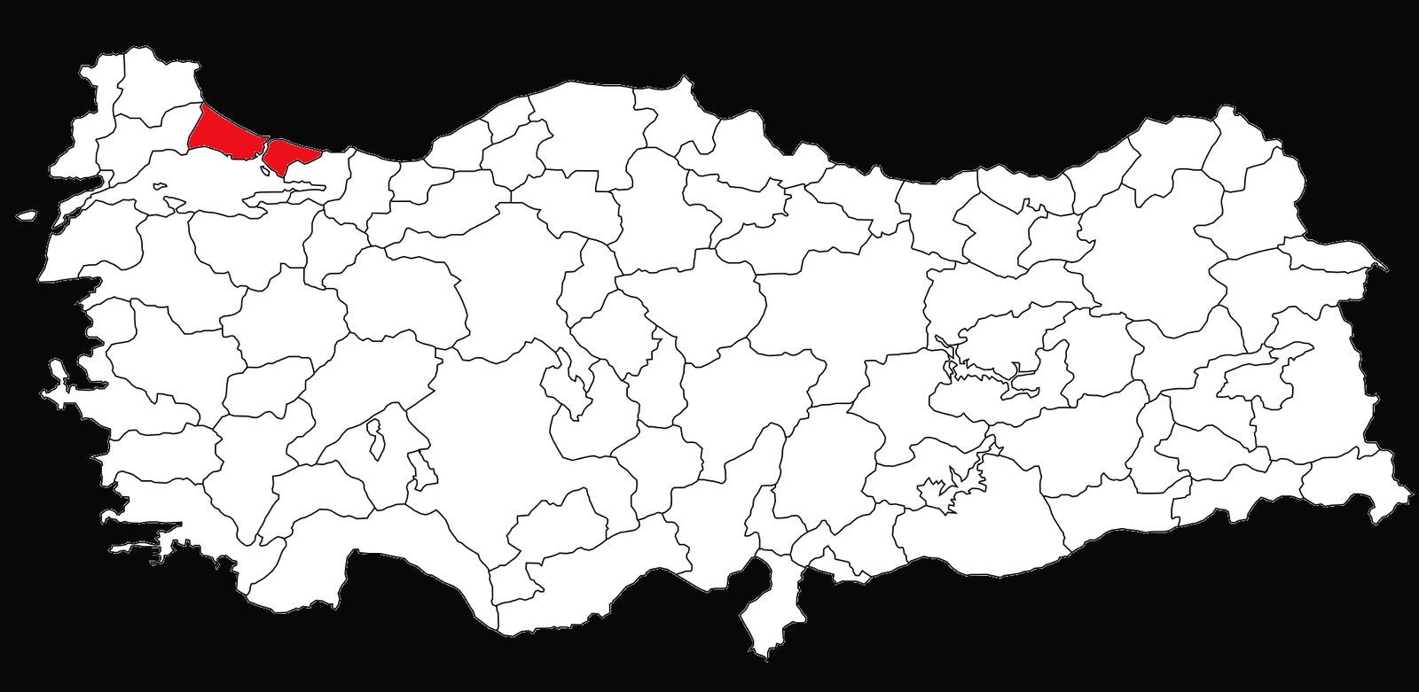 Diğer illeri beyaz, İstanbul'u kırmızı gösteren tam Türkiye haritası